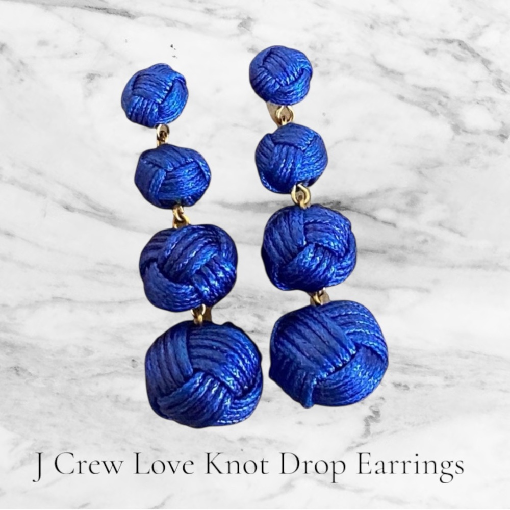 J. Crew Blue Love Knot Ball Drop Earrings w/ Classic Rhinestone Embellishment
